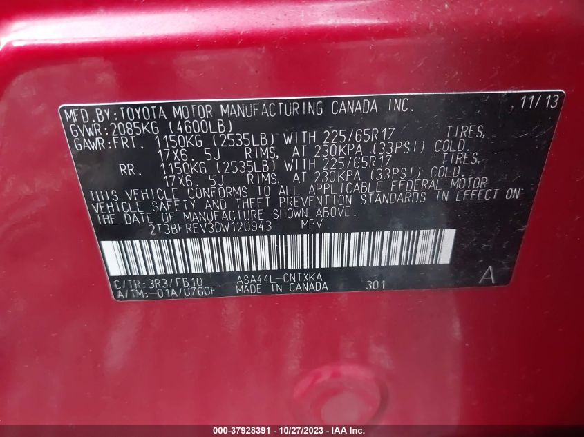 2013 TOYOTA RAV4 LE - 2T3BFREV3DW120943