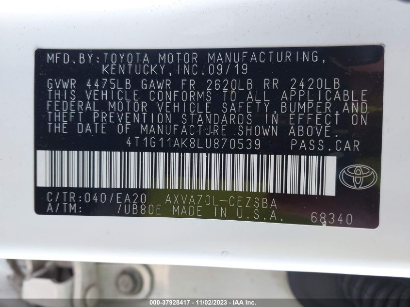 2020 TOYOTA CAMRY SE - 4T1G11AK8LU870539