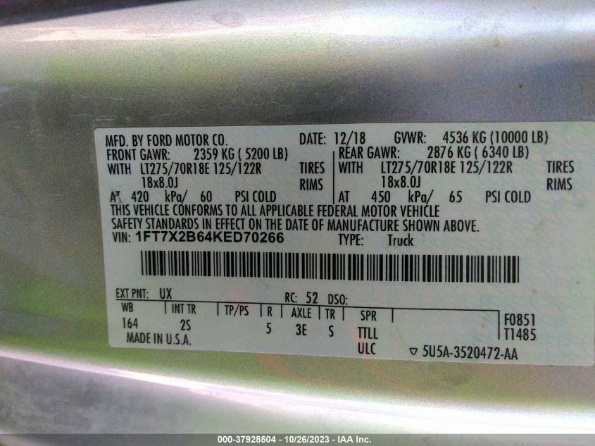 2019 FORD SUPER DUTY F-250 SRW XL/XLT/LARIAT - 1FT7X2B64KED70266