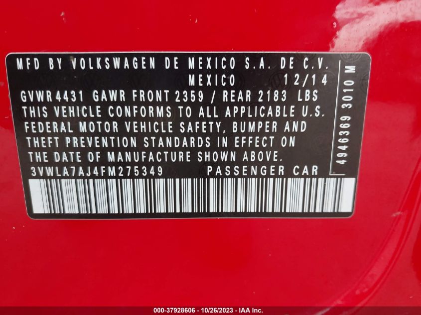 2015 VOLKSWAGEN JETTA SEDAN 2.0L TDI SE 3VWLA7AJ4FM275349