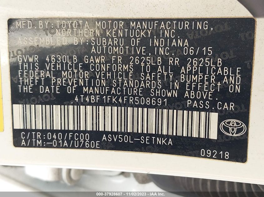 2015 TOYOTA CAMRY XLE/SE/LE/XSE - 4T4BF1FK4FR508691