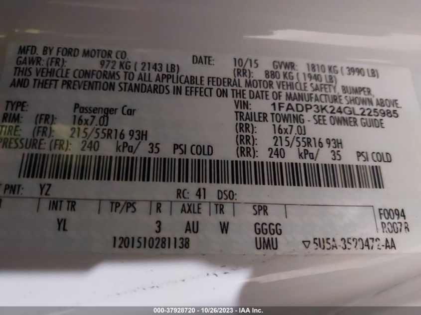 2016 FORD FOCUS SE - 1FADP3K24GL225985