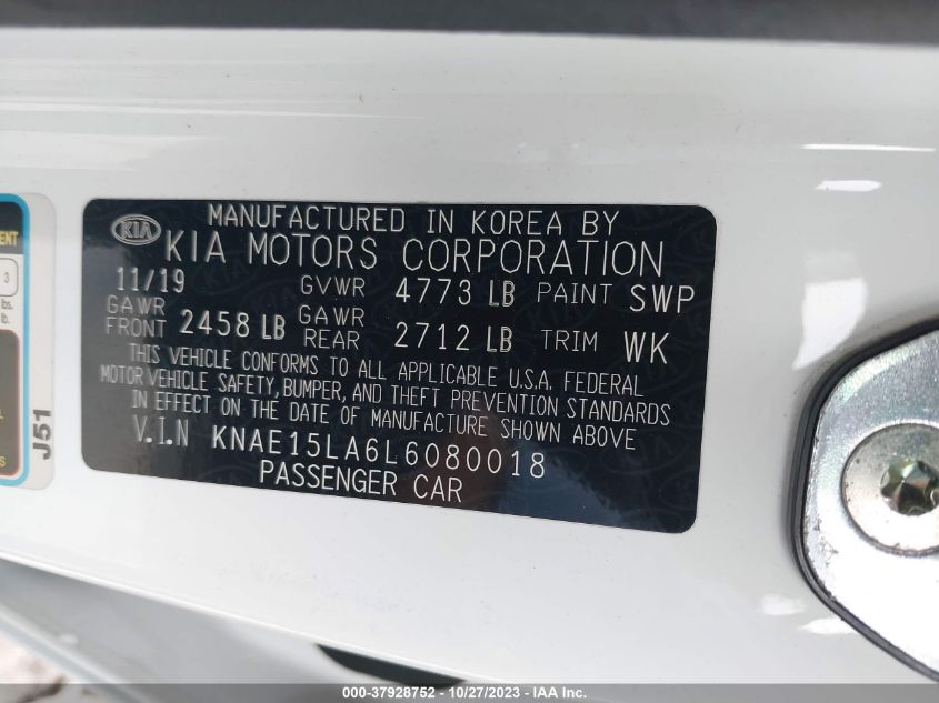 2020 KIA STINGER GT-LINE - KNAE15LA6L6080018