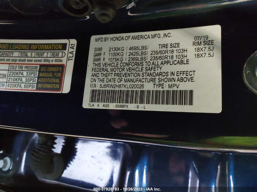 2019 HONDA CR-V EX-L - 5J6RW2H87KL020026