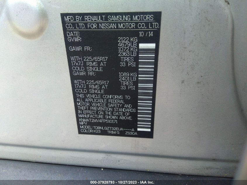 2015 NISSAN ROGUE SV - KNMAT2MV4FP510171