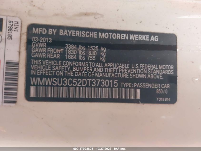 2013 MINI HARDTOP COOPER - WMWSU3C52DT373015
