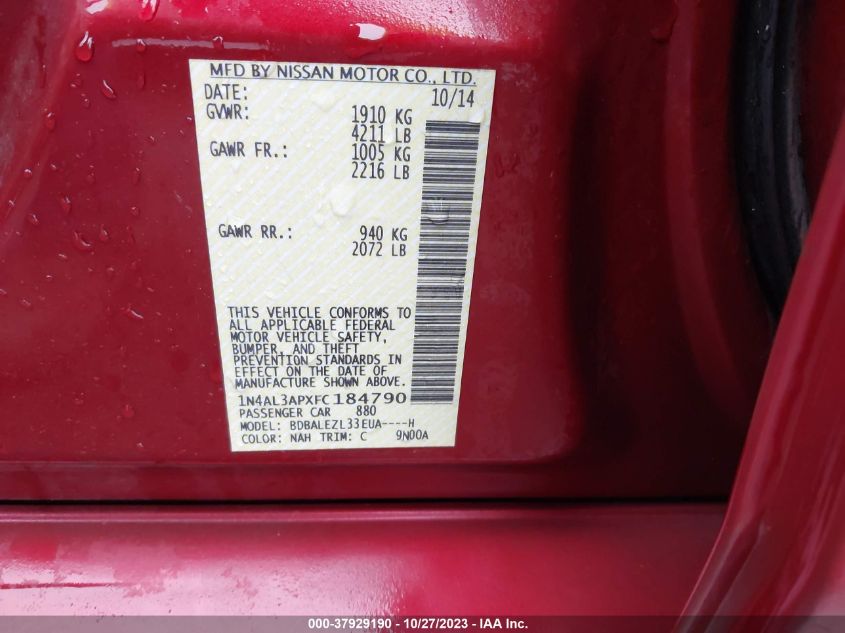 2015 NISSAN ALTIMA 2.5 S - 1N4AL3APXFC184790