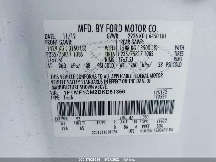 2013 FORD F-150 XL/STX/XLT - 1FTMF1CM2DKD61356