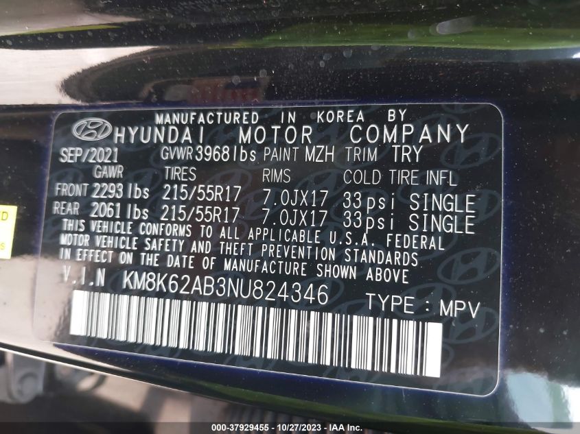 2022 HYUNDAI KONA SEL - KM8K62AB3NU824346