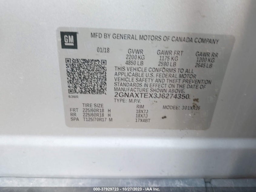VIN 2GNAXTEX3J6274350 2018 CHEVROLET EQUINOX LT