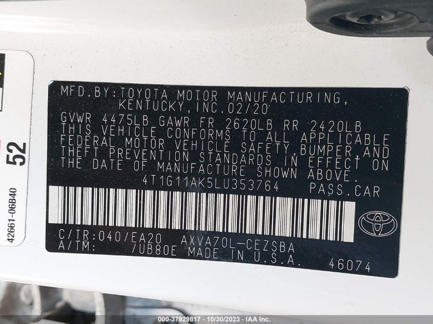 2020 TOYOTA CAMRY SE/SE NIGHT SHADE - 4T1G11AK5LU353764