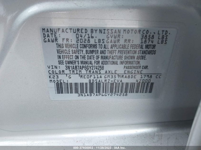 2016 NISSAN SENTRA SR - 3N1AB7AP6GY274258