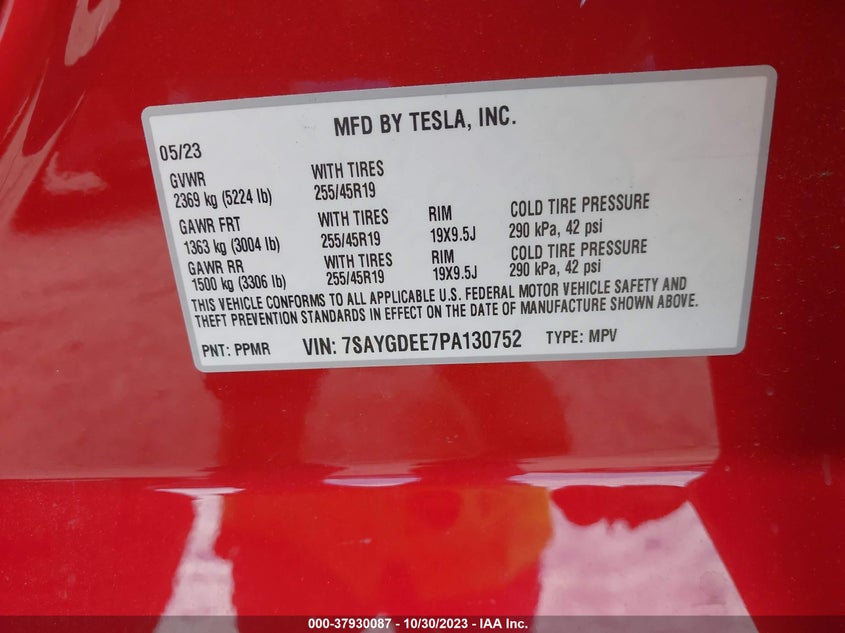 VIN 7SAYGDEE7PA130752 2023 TESLA MODEL Y