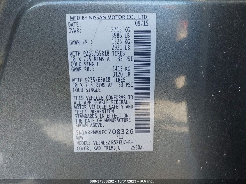 2015 NISSAN PATHFINDER SV - 5N1AR2MMXFC708326