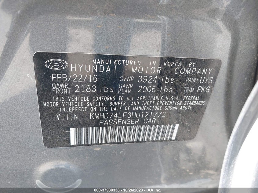 VIN KMHD74LF3HU121772 2017 HYUNDAI ELANTRA SE
