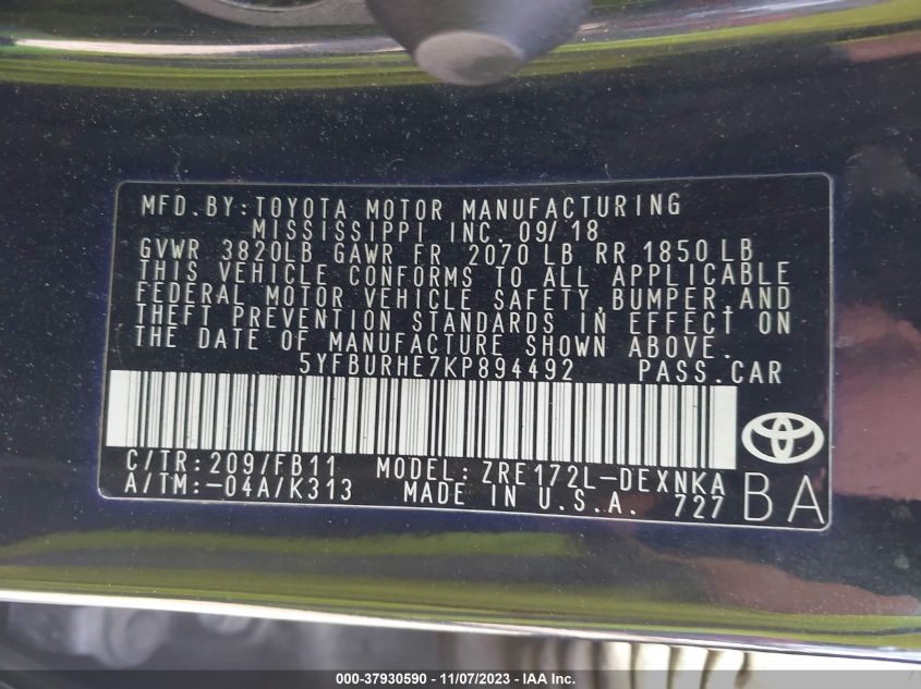 2019 TOYOTA COROLLA L/LE/XLE/SE/XSE - 5YFBURHE7KP894492