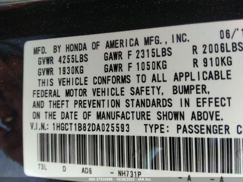 2013 HONDA ACCORD CPE EX-L 1HGCT1B82DA025593