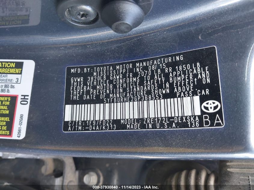 2016 TOYOTA COROLLA S - 5YFBURHE2GP368553