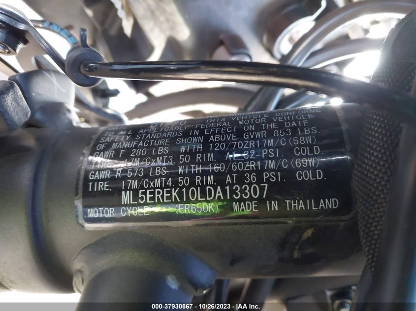 VIN ML5EREK10LDA13307 2020 KAWASAKI ER650 K