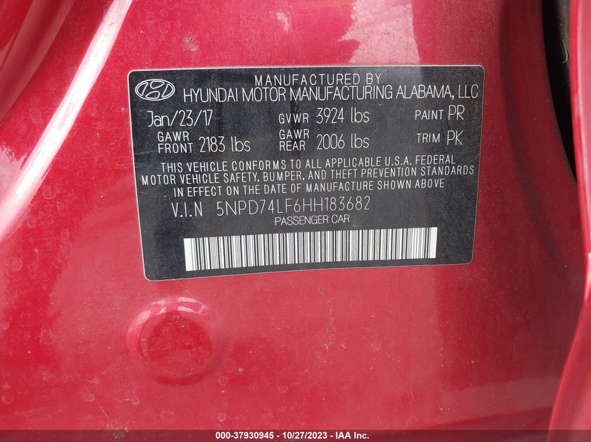 VIN 5NPD74LF6HH183682 2017 HYUNDAI ELANTRA SE