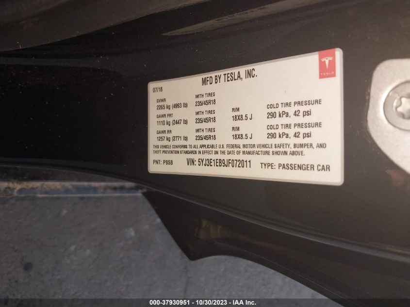 2018 TESLA MODEL 3 LONG RANGE - 5YJ3E1EB9JF072011