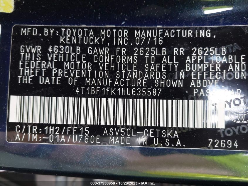 2017 TOYOTA CAMRY XLE/SE/LE/XSE - 4T1BF1FK1HU635587