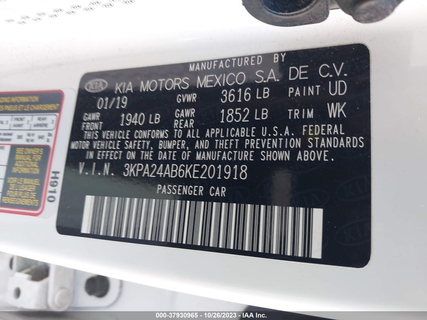 VIN 3KPA24AB6KE201918 2019 KIA RIO S