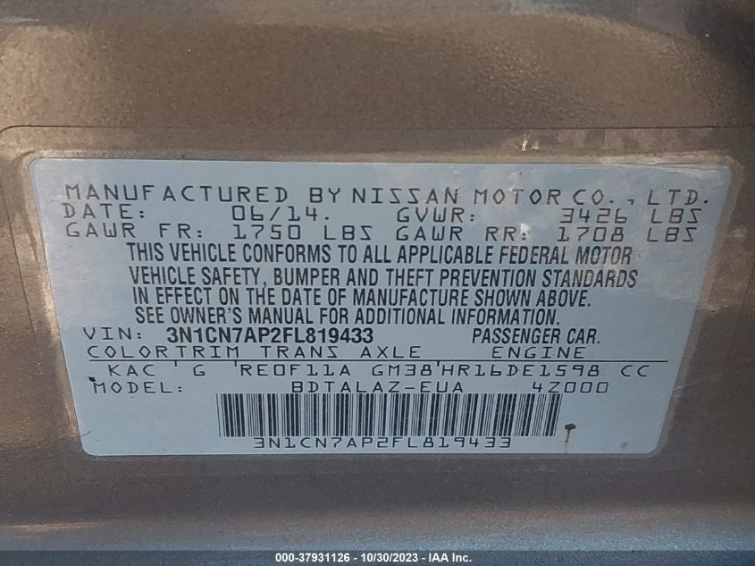 2015 NISSAN VERSA S PLUS - 3N1CN7AP2FL819433