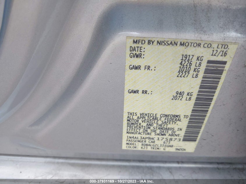 VIN 1N4AL3AP9HC175873 2017 NISSAN ALTIMA 2.5 S