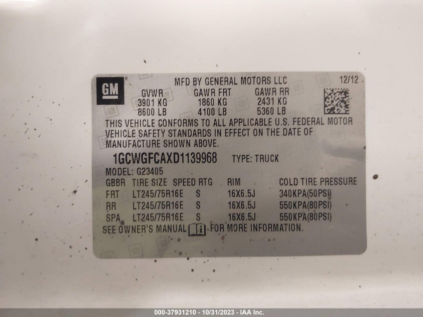 2013 CHEVROLET EXPRESS CARGO VAN 1GCWGFCAXD1139968