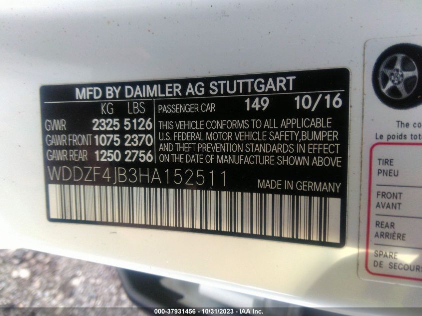 VIN WDDZF4JB3HA152511 2017 MERCEDES-BENZ E-CLASS E 300
