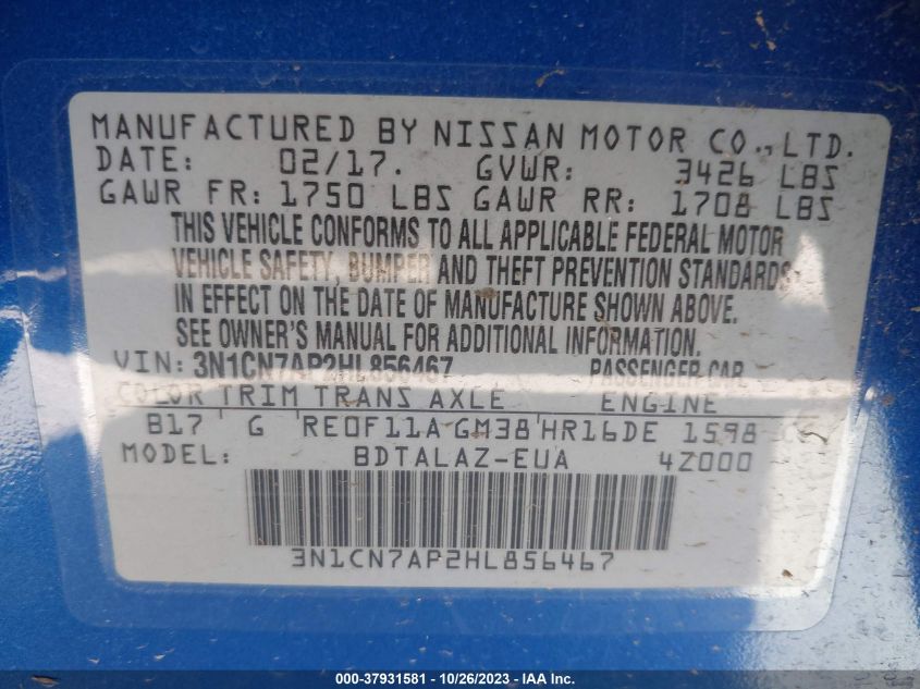 2017 NISSAN VERSA SEDAN S PLUS 3N1CN7AP2HL856467
