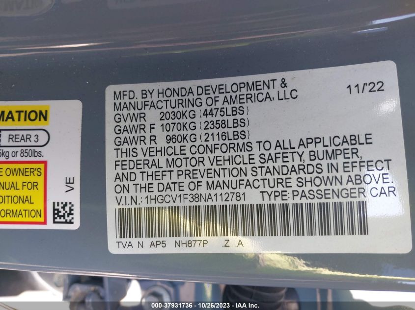 2022 HONDA ACCORD SEDAN 1.5L I-4 DOHC 16-VAL(VIN: 1HGCV1F38NA112781
