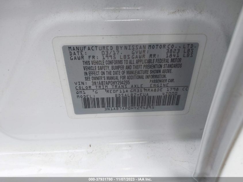 2017 NISSAN SENTRA S - 3N1AB7AP0HY294295