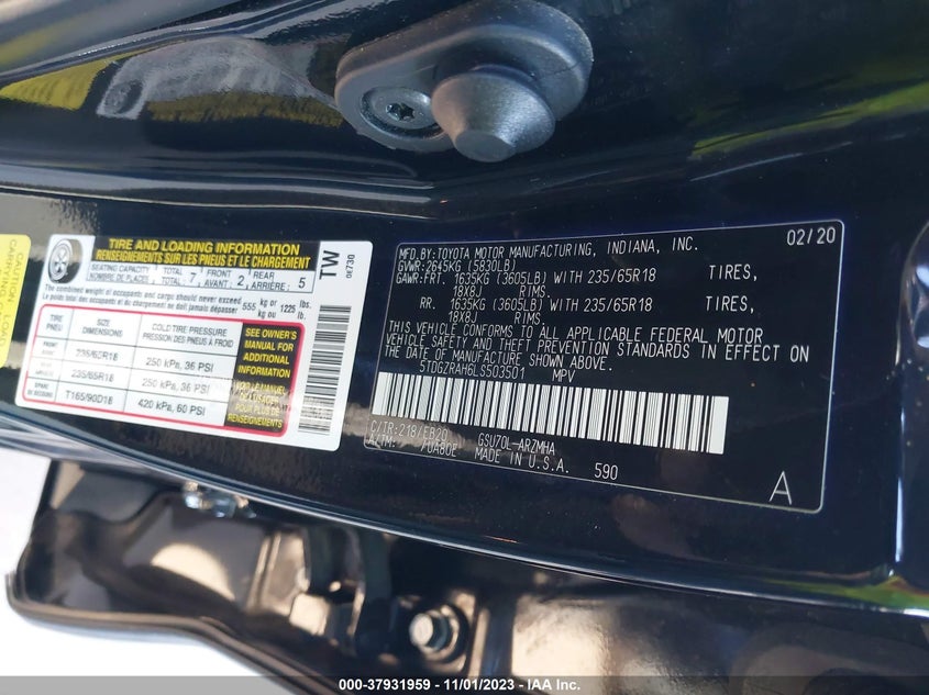 VIN 5TDGZRAH6LS503501 2020 TOYOTA HIGHLANDER XLE