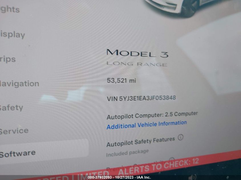 2018 TESLA MODEL 3 RANGE BATTERY - 5YJ3E1EA3JF053848