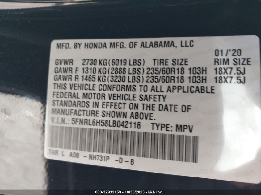 5FNRL6H58LB042116 Honda Odyssey EX 9