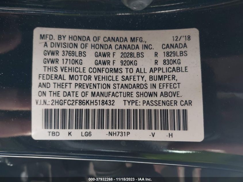 VIN 2HGFC2F86KH518432 2019 HONDA CIVIC SEDAN SPORT