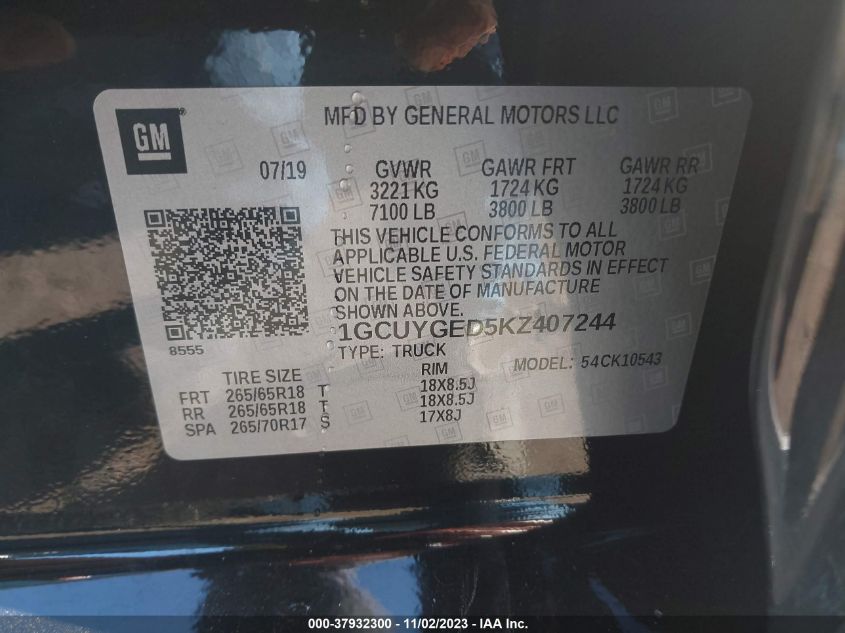 2019 CHEVROLET SILVERADO 1500 LTZ - 1GCUYGED5KZ407244