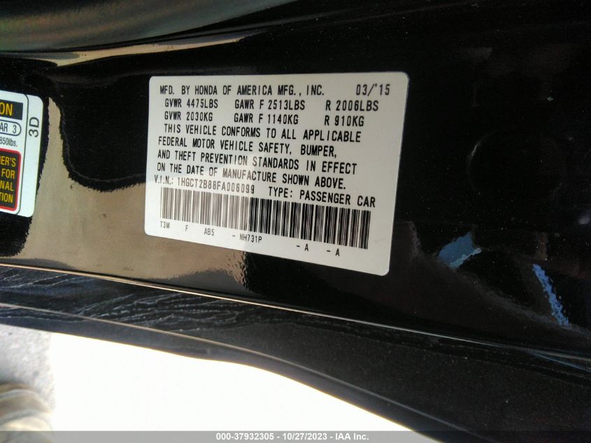 2015 HONDA ACCORD COUPE EX-L 1HGCT2B88FA006099