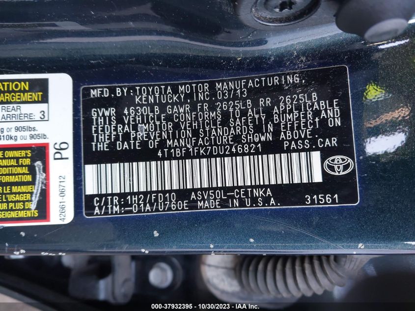 2013 TOYOTA CAMRY L/LE/SE/XLE - 4T1BF1FK7DU246821
