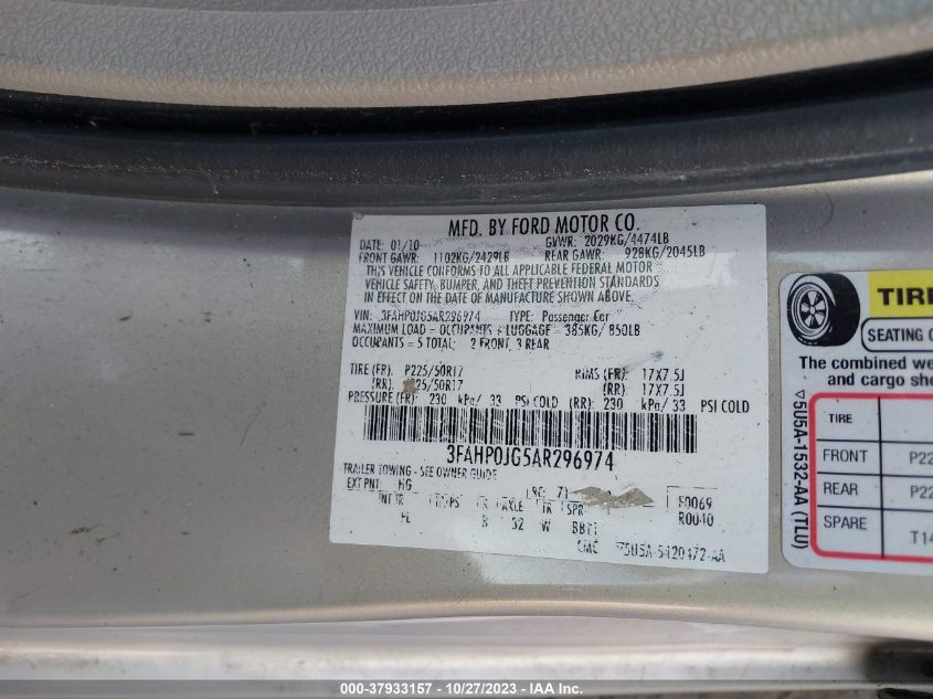 3FAHP0JG5AR296974 | 2010 FORD FUSION