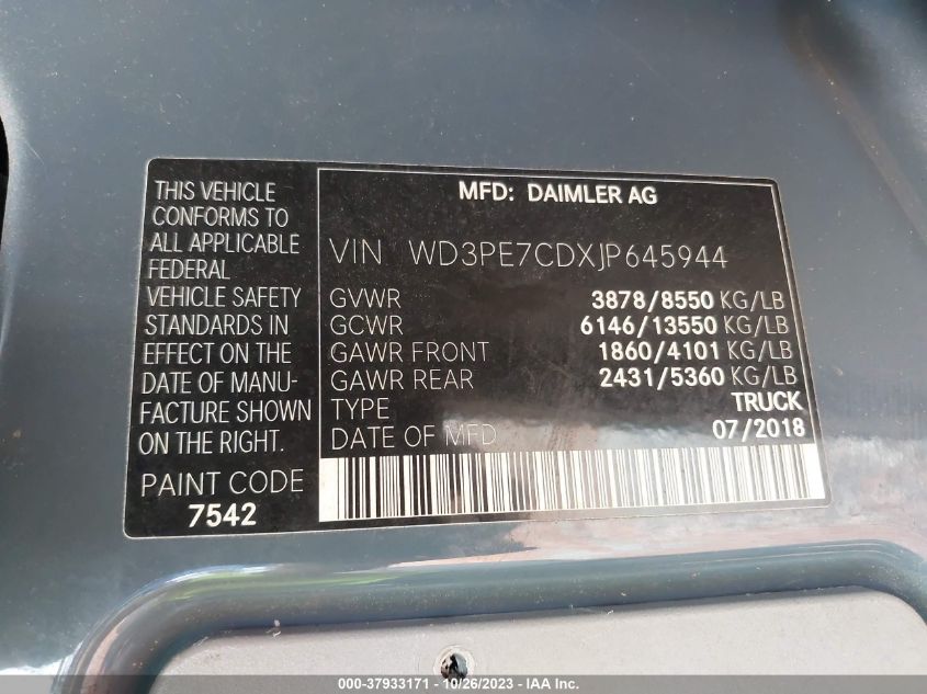 2018 MERCEDES-BENZ SPRINTER CARGO VAN WD3PE7CDXJP645944