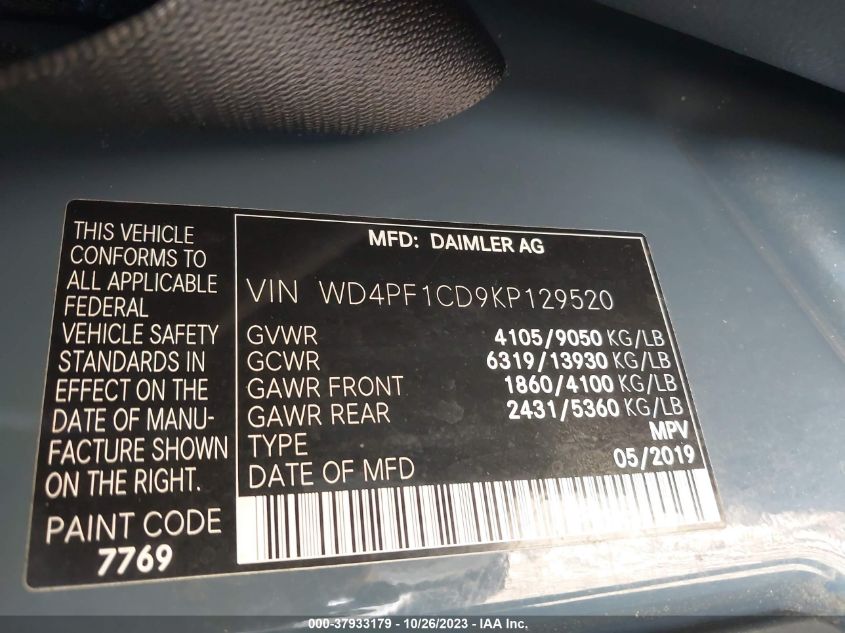 2019 MERCEDES-BENZ SPRINTER VAN WD4PF1CD9KP129520
