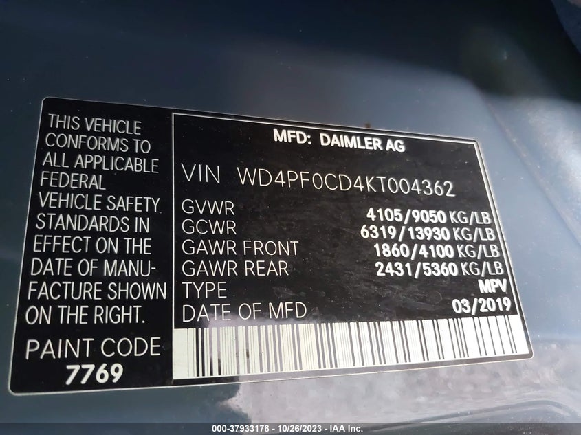 VIN WD4PF0CD4KT004362 2019 MERCEDES-BENZ SPRINTER VAN
