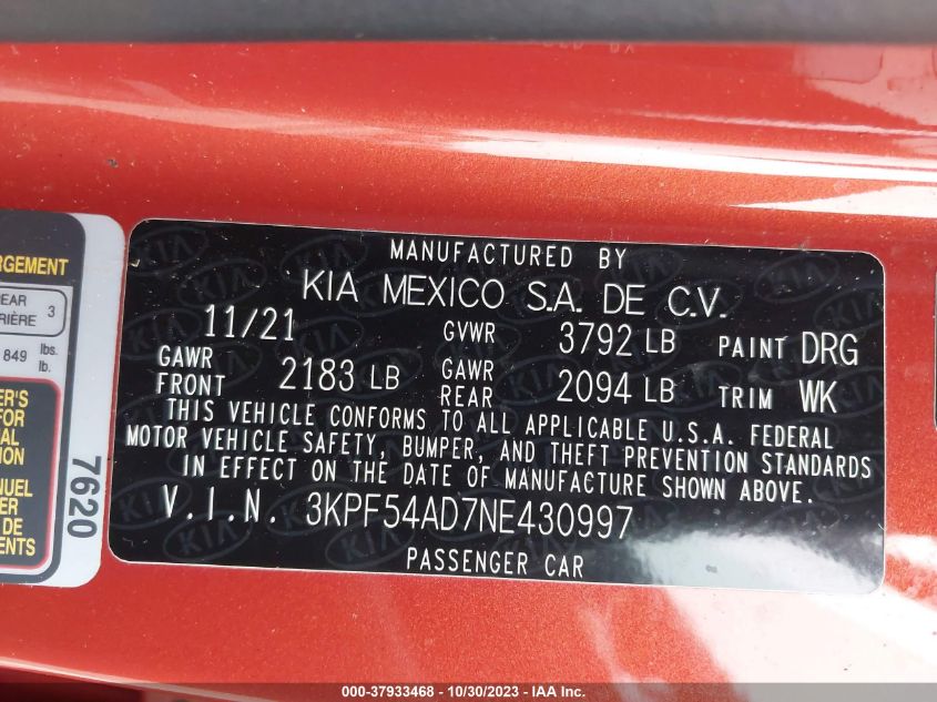 2022 KIA FORTE GT-LINE - 3KPF54AD7NE430997