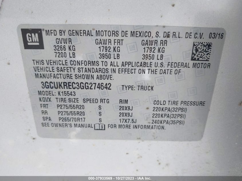 2016 CHEVROLET SILVERADO 1500 - 3GCUKREC3GG274642