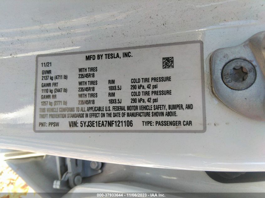 2022 TESLA MODEL 3 - 5YJ3E1EA7NF121106