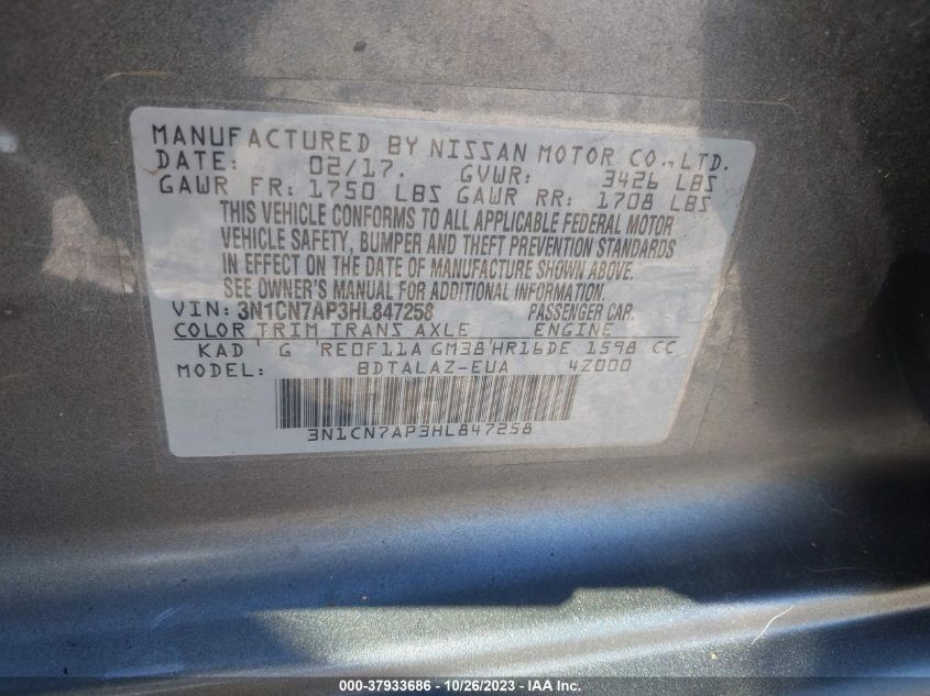 2017 NISSAN VERSA SEDAN S PLUS - 3N1CN7AP3HL847258
