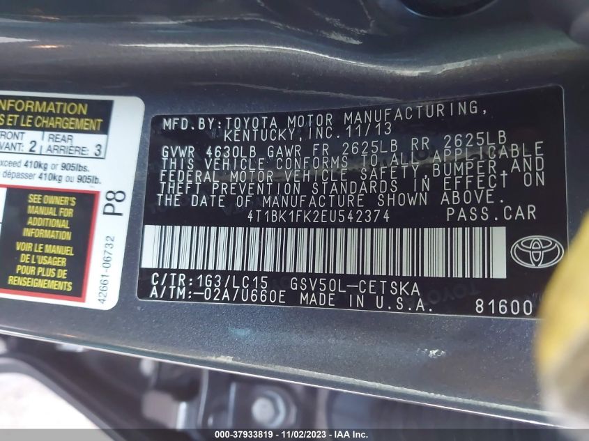 2014 TOYOTA CAMRY SE/XLE - 4T1BK1FK2EU542374